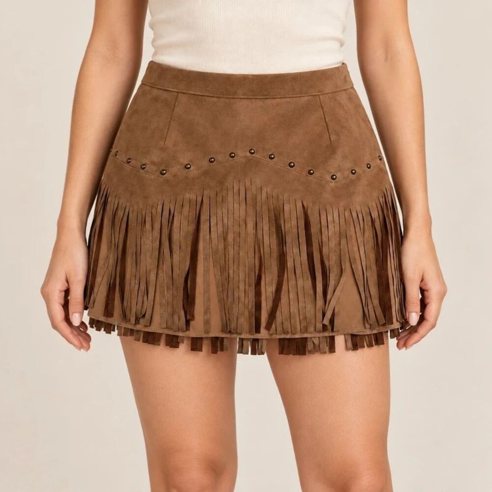 Brown Faux Suede Fringe Studded Western Mini Skirt 3x